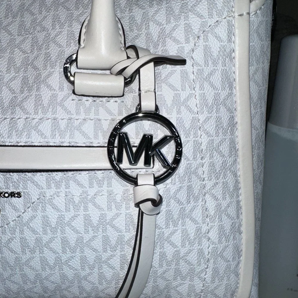 MICHAEL KORS Carine Medium Logo Satchel Bag - White/Beige - Picture 7 of 15